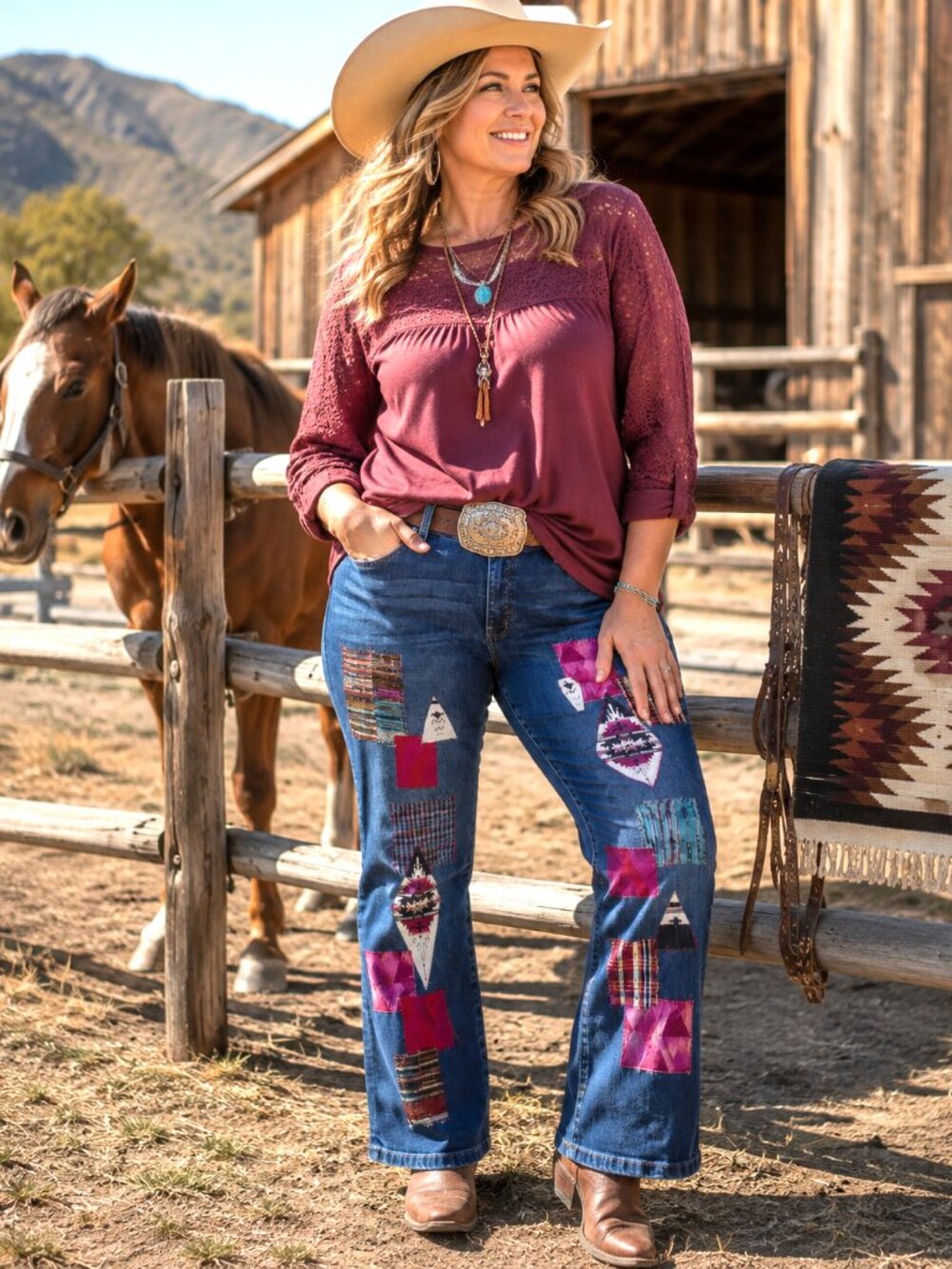 Upcycled Patchwork Jeans Aztec Tribal Cropped Pants Southwest Native Size 18
